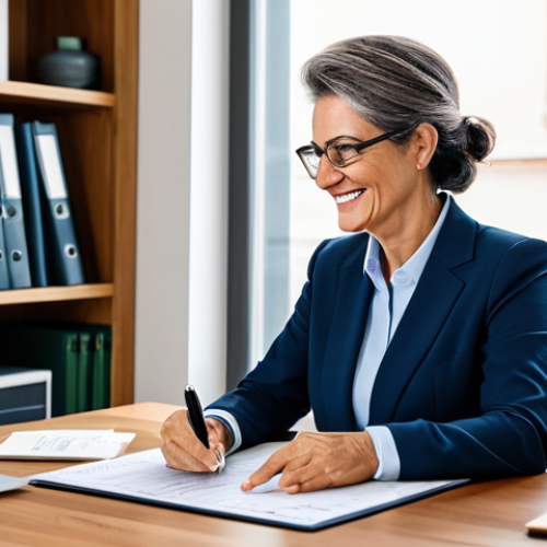 Home 23 A mature Italian professional woman, fully clothed in a modest yet stylish business casual outfit, sits comfortably at a polished wooden desk. She is focused, gently smiling, as she reviews financial charts and documents displayed on a sleek tablet in front of her. Her well-formed hands are resting calmly on the table. The background is a bright, modern home office with a large window letting in natural light, a potted plant, and a bookshelf with a few discreet decorative items, suggesting an organized and serene environment. The scene conveys a sense of thoughtful planning, financial security, and confidence. perfect anatomy, correct proportions, natural pose, natural body proportions, professional dress, appropriate attire, safe for work, appropriate content, fully clothed, modest, high quality, professional photography.