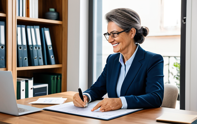 A mature Italian professional woman, fully clothed in a modest yet stylish business casual outfit, sits comfortably at a polished wooden desk. She is focused, gently smiling, as she reviews financial charts and documents displayed on a sleek tablet in front of her. Her well-formed hands are resting calmly on the table. The background is a bright, modern home office with a large window letting in natural light, a potted plant, and a bookshelf with a few discreet decorative items, suggesting an organized and serene environment. The scene conveys a sense of thoughtful planning, financial security, and confidence. perfect anatomy, correct proportions, natural pose, natural body proportions, professional dress, appropriate attire, safe for work, appropriate content, fully clothed, modest, high quality, professional photography.