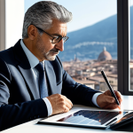 A thoughtful, mature Italian man in his late 50s, impeccably dressed in a tailored business suit, sits at a sleek minimalist desk. He is deeply focused on a digital tablet displaying complex financial charts and graphs, with one hand resting thoughtfully on the table and the other holding a stylus. The setting is a modern, sunlit home office with a blurred background of a serene Italian cityscape. The overall mood is strategic and in control, embodying financial security. High-resolution, professional photography, perfect anatomy, correct proportions, natural pose, well-formed hands, proper finger count, natural body proportions, safe for work, appropriate content, fully clothed, professional dress, modest clothing.
