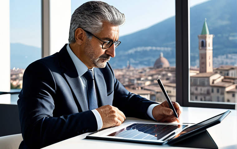 A thoughtful, mature Italian man in his late 50s, impeccably dressed in a tailored business suit, sits at a sleek minimalist desk. He is deeply focused on a digital tablet displaying complex financial charts and graphs, with one hand resting thoughtfully on the table and the other holding a stylus. The setting is a modern, sunlit home office with a blurred background of a serene Italian cityscape. The overall mood is strategic and in control, embodying financial security. High-resolution, professional photography, perfect anatomy, correct proportions, natural pose, well-formed hands, proper finger count, natural body proportions, safe for work, appropriate content, fully clothed, professional dress, modest clothing.