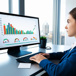 A focused young professional adult, aged 20-25, in a modest business suit, sitting at a sleek modern desk. The person is thoughtfully looking at a laptop screen displaying a dynamic financial growth chart, with a subtle abstract visual element resembling a growing "snowball" to symbolize compound interest. The background is a brightly lit, contemporary office space with large windows overlooking a blurred city skyline. The overall mood is intelligent and forward-thinking. fully clothed, appropriate attire, modest clothing, safe for work, professional, perfect anatomy, correct proportions, natural pose, well-formed hands, proper finger count, natural body proportions, high-quality photography, sharp focus, vibrant colors.