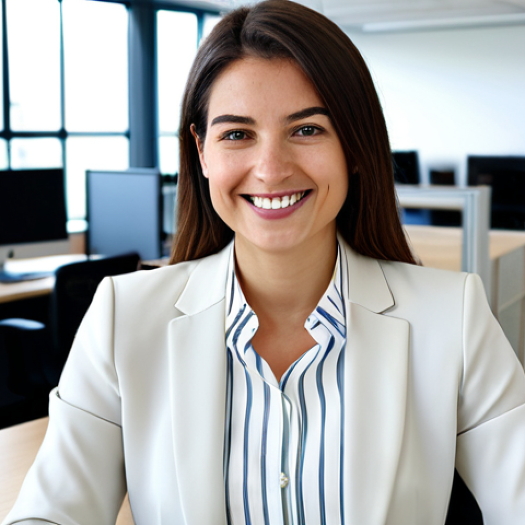 **

"A young professional woman in her early 30s, wearing a modest but stylish business casual outfit (blouse, blazer, dark pants), sitting at a modern desk in a bright, open-plan office. She is smiling slightly and looking directly at the viewer. The background includes blurred colleagues working and computer screens.  Safe for work, appropriate content, fully clothed, professional, perfect anatomy, correct proportions, well-formed hands, proper finger count, natural body proportions, high quality, professional photography, natural pose, modern Italian office environment."

**