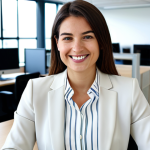 **

"A young professional woman in her early 30s, wearing a modest but stylish business casual outfit (blouse, blazer, dark pants), sitting at a modern desk in a bright, open-plan office. She is smiling slightly and looking directly at the viewer. The background includes blurred colleagues working and computer screens.  Safe for work, appropriate content, fully clothed, professional, perfect anatomy, correct proportions, well-formed hands, proper finger count, natural body proportions, high quality, professional photography, natural pose, modern Italian office environment."

**